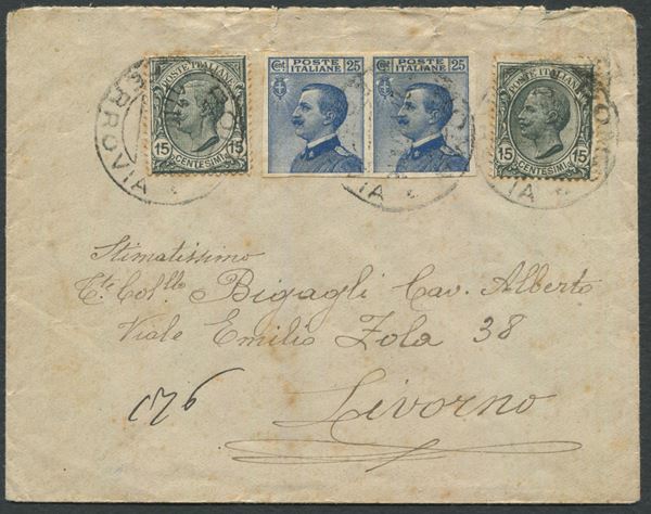 1917 - Regno d’Italia - Letterina da Roma a Livorno affrancata con coppia del 25c. azzurro “Michetti” non dentellata (Sass. 83e).