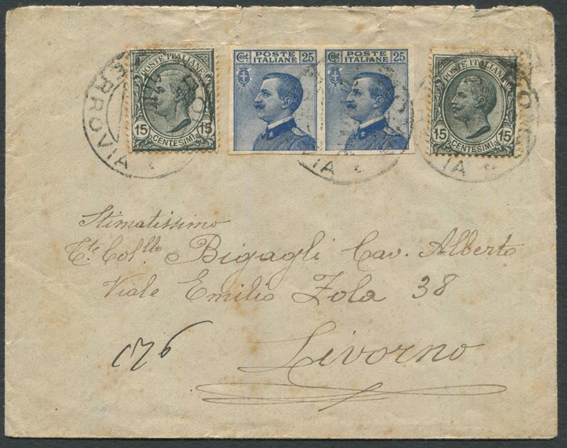 1917 - Regno d’Italia - Letterina da Roma a Livorno affrancata con coppia del 25c. azzurro “Michetti” non dentellata (Sass. 83e).  - Asta Filatelia e Storia Postale - Cambi Casa d'Aste