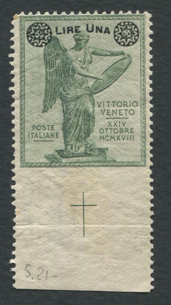1924 - Regno d’Italia - serie “Vittoria” soprastampati - 1 lira su 5 cent. verde non dentellato in basso (Sass. 158af).