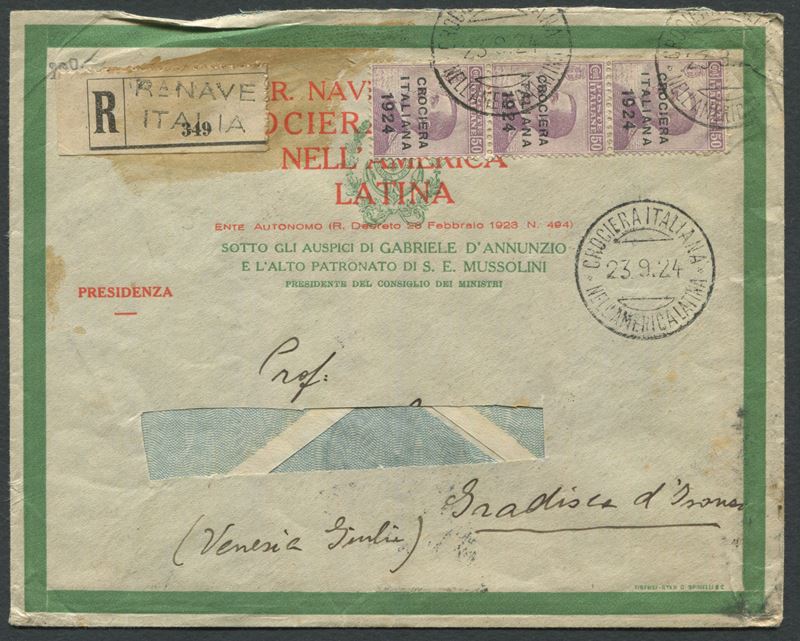 1924 - Regno d’Italia - Crociera Italiana nell’America latina - Raccomandata da Nave Italia per Gradisca d’Isonzo affrancata con striscia verticale di tre esemplari del 50 cent. violetto (Sass. 164).  - Asta Filatelia e Storia Postale - Cambi Casa d'Aste