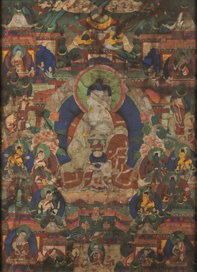 Thangka in Seta Raffigurante Buddha Amitayus con Cornice, Tibet, XVIII Secolo