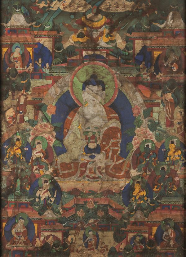 Silk thangka depicting Amitayus Buddha with frame, Tibet, 18th century
