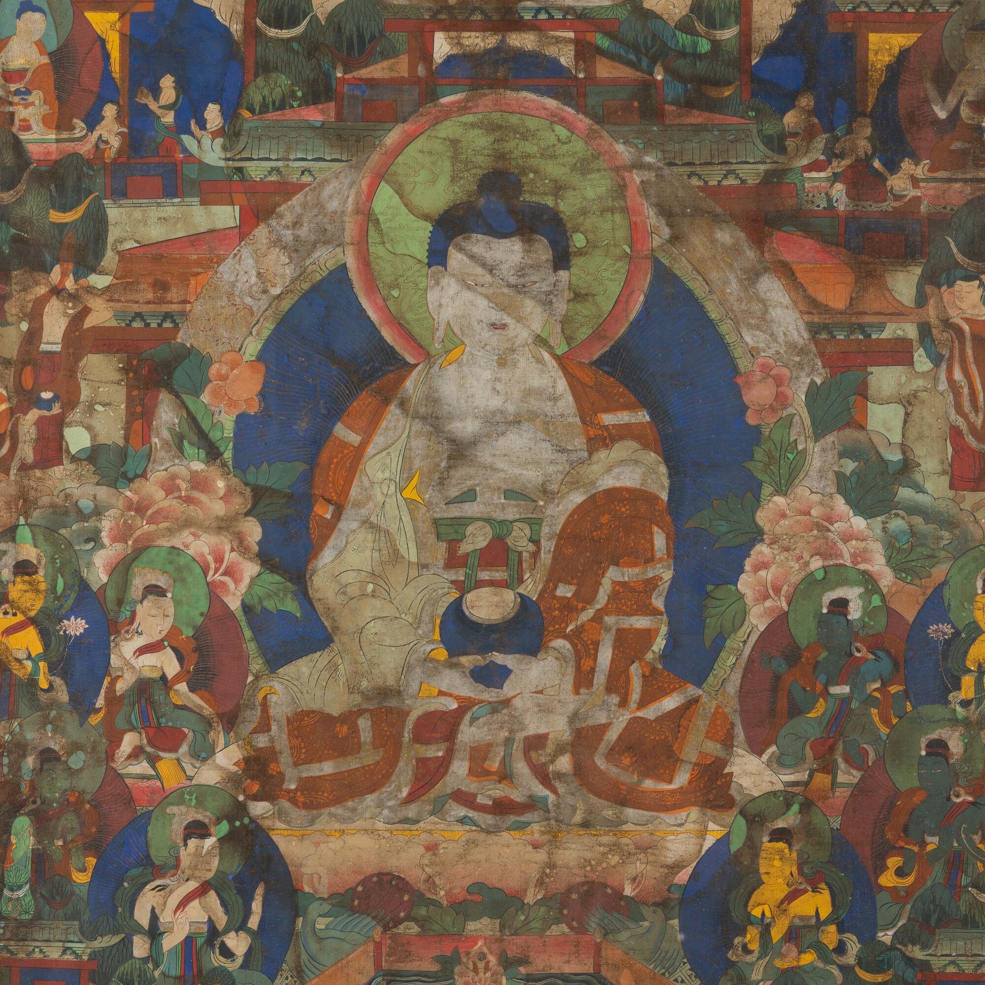 Thangka in Seta Raffigurante Buddha Amitayus con Cornice, Tibet, XVIII Secolo