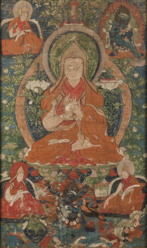 Silk thangka depicting Lama praying with frame, Tibet, 19th century