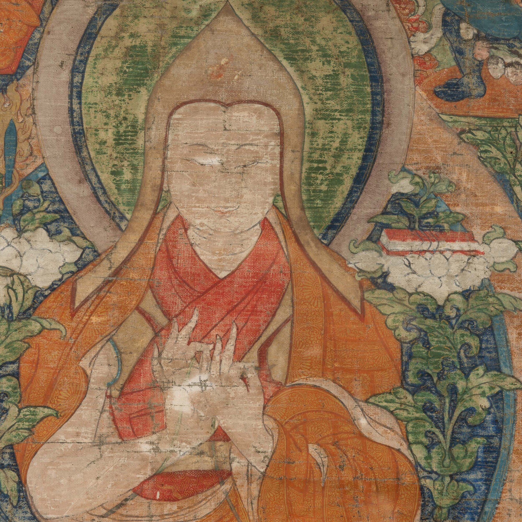 Thangka in Seta Raffigurante Lama in Preghiera con Cornice, Tibet, XIX Secolo