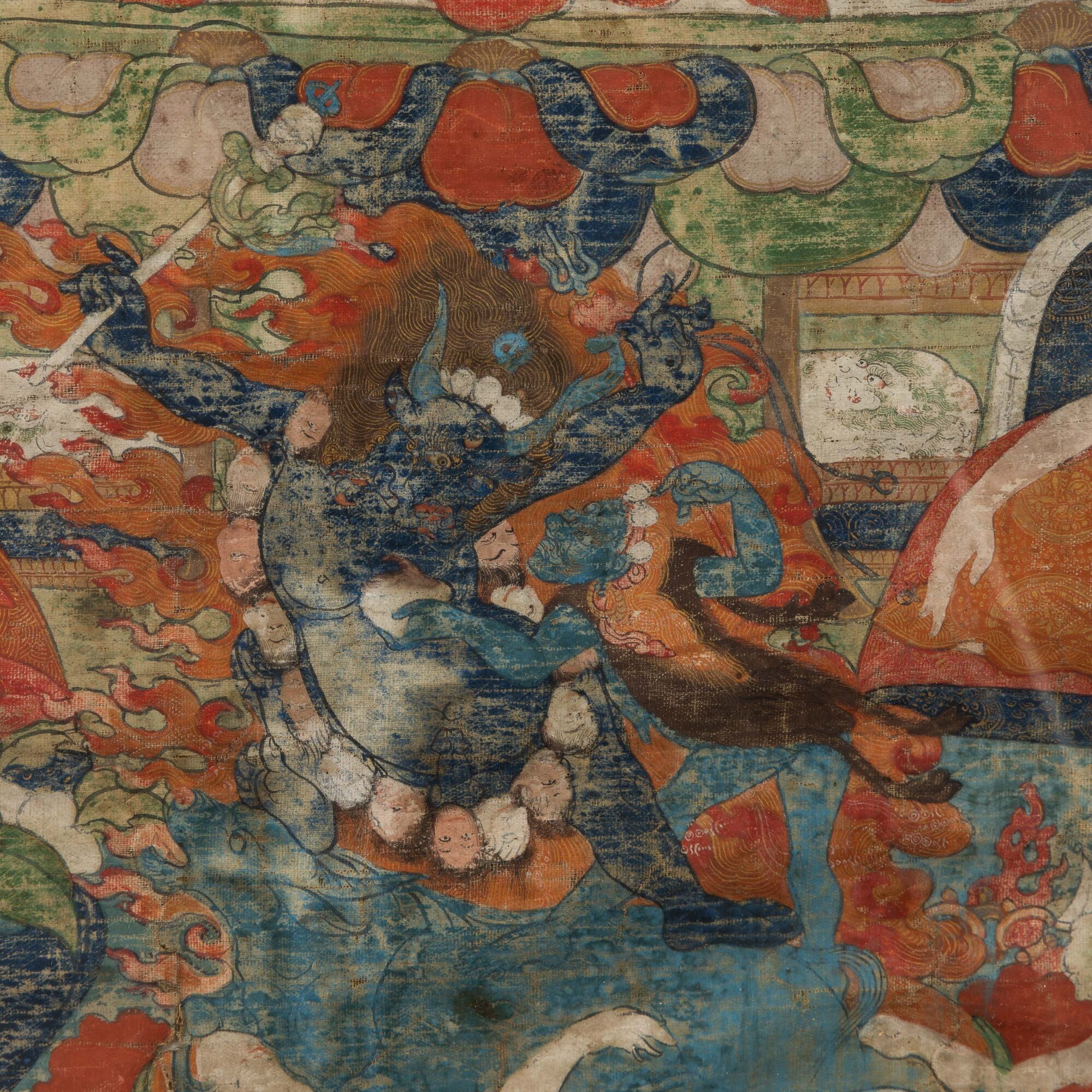 Thangka in Seta Raffigurante Lama in Preghiera con Cornice, Tibet, XIX Secolo