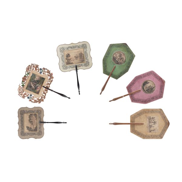 Sei piccoli ventagli di forme diverse con stampe