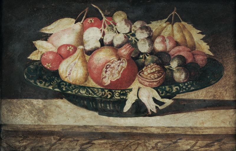 Octavianus Monfort (attivo in Piemonte nel XVII secolo) : Composizione con piatto colmo di frutti e noci  - Asta Old Masters - II - Cambi Casa d'Aste