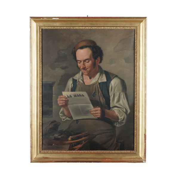Firmato Pietro Barabino Genova 1855 Uomo che legge giornale "La Maga"