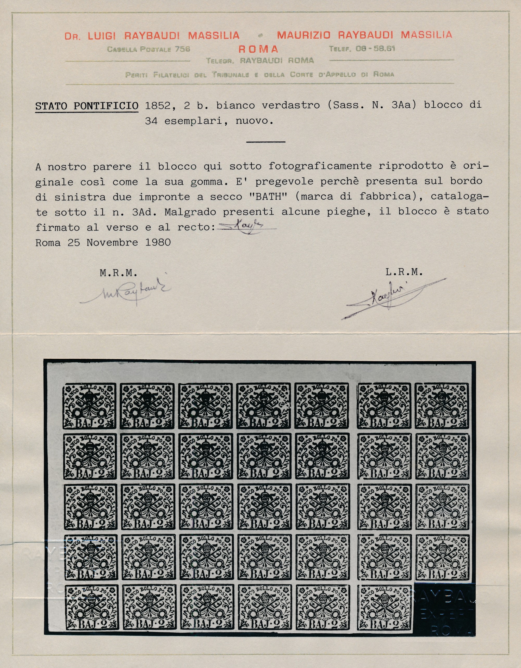 1867 - Stato Pontificio - Impronta della Carta del Fabbricante “bath” - la Carta Impiegata nella ...
