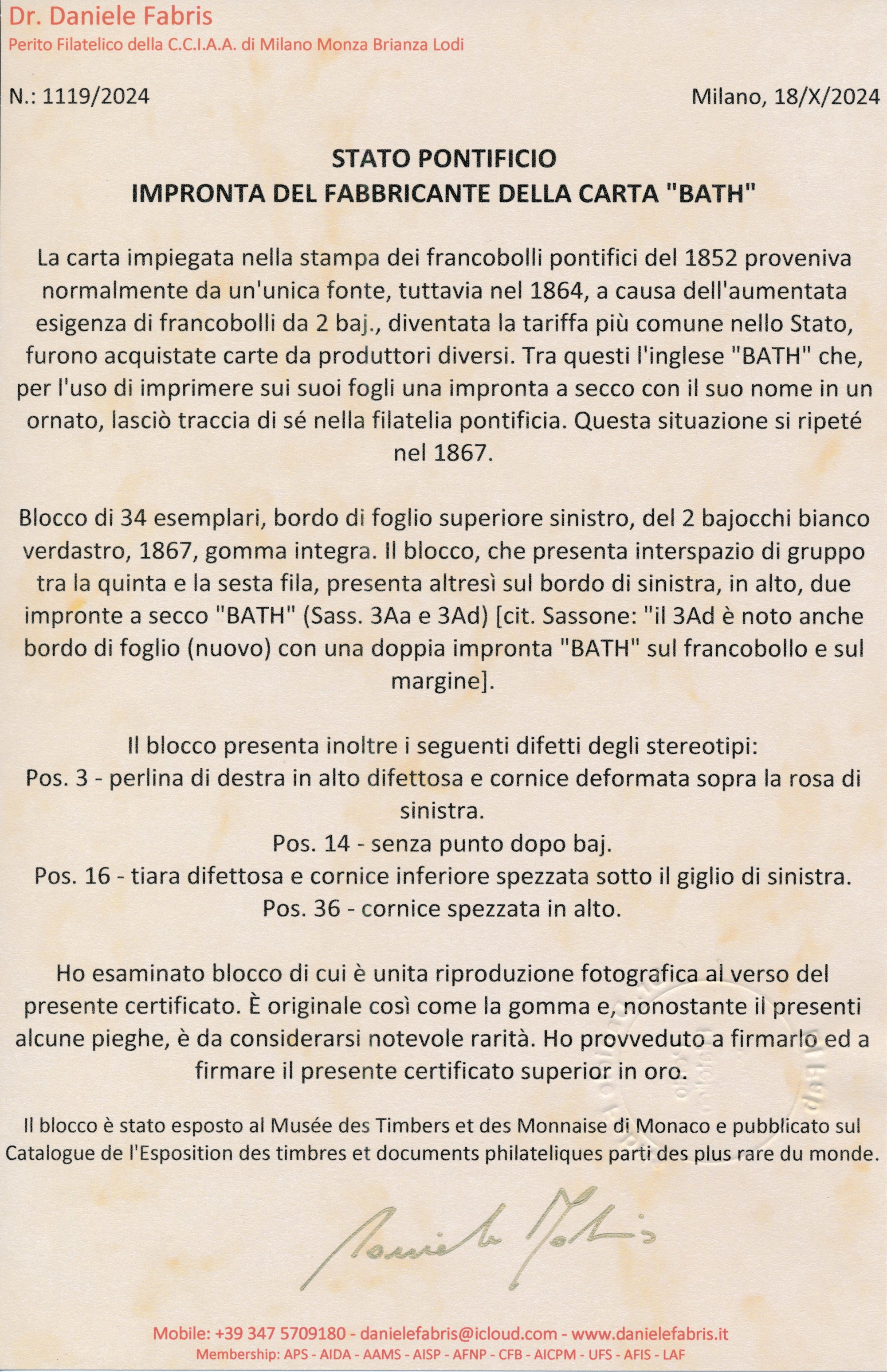 1867 - Stato Pontificio - Impronta della Carta del Fabbricante “bath” - la Carta Impiegata nella ...