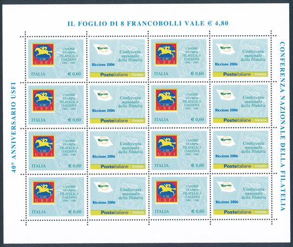 2006 - Repubblica italiana - Foglietti - “Unione Stampa Filatelica Italiana” - Varietà senza la stampa del colore nero e taglio fortemente spostato (Sass. Spec. 49Aa e 49Ca).