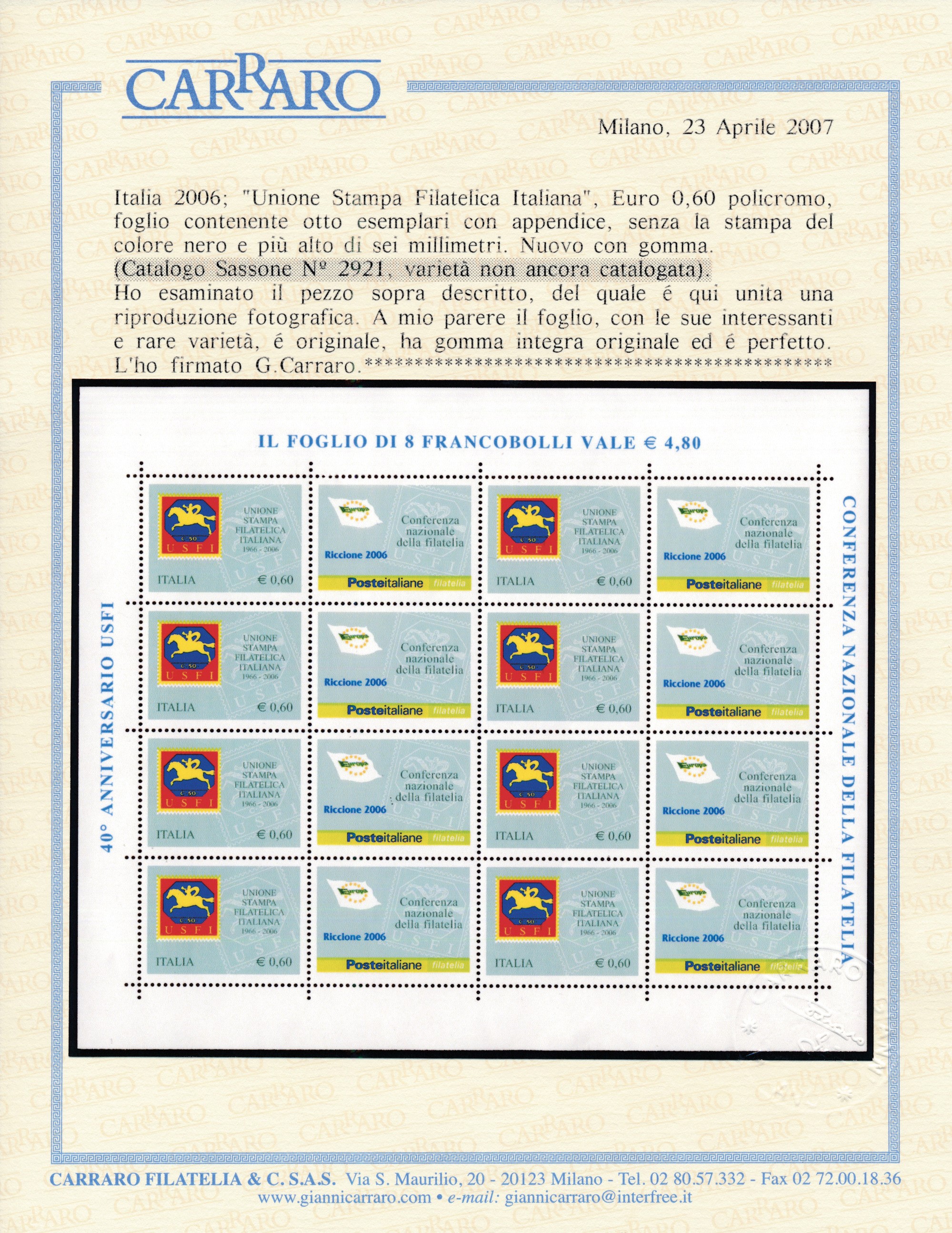 2006 - Repubblica Italiana - Foglietti - “unione Stampa Filatelica Italiana” - Varietà Senza la S...