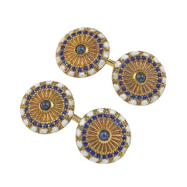 Pair of enamel, sapphire and gold cufflinks