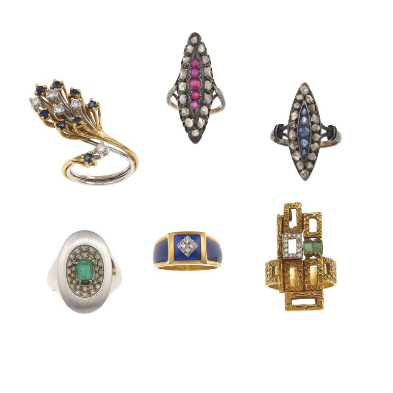 Six gold, silver and gem-set rings  - Auction Jewels - Cambi Casa d'Aste