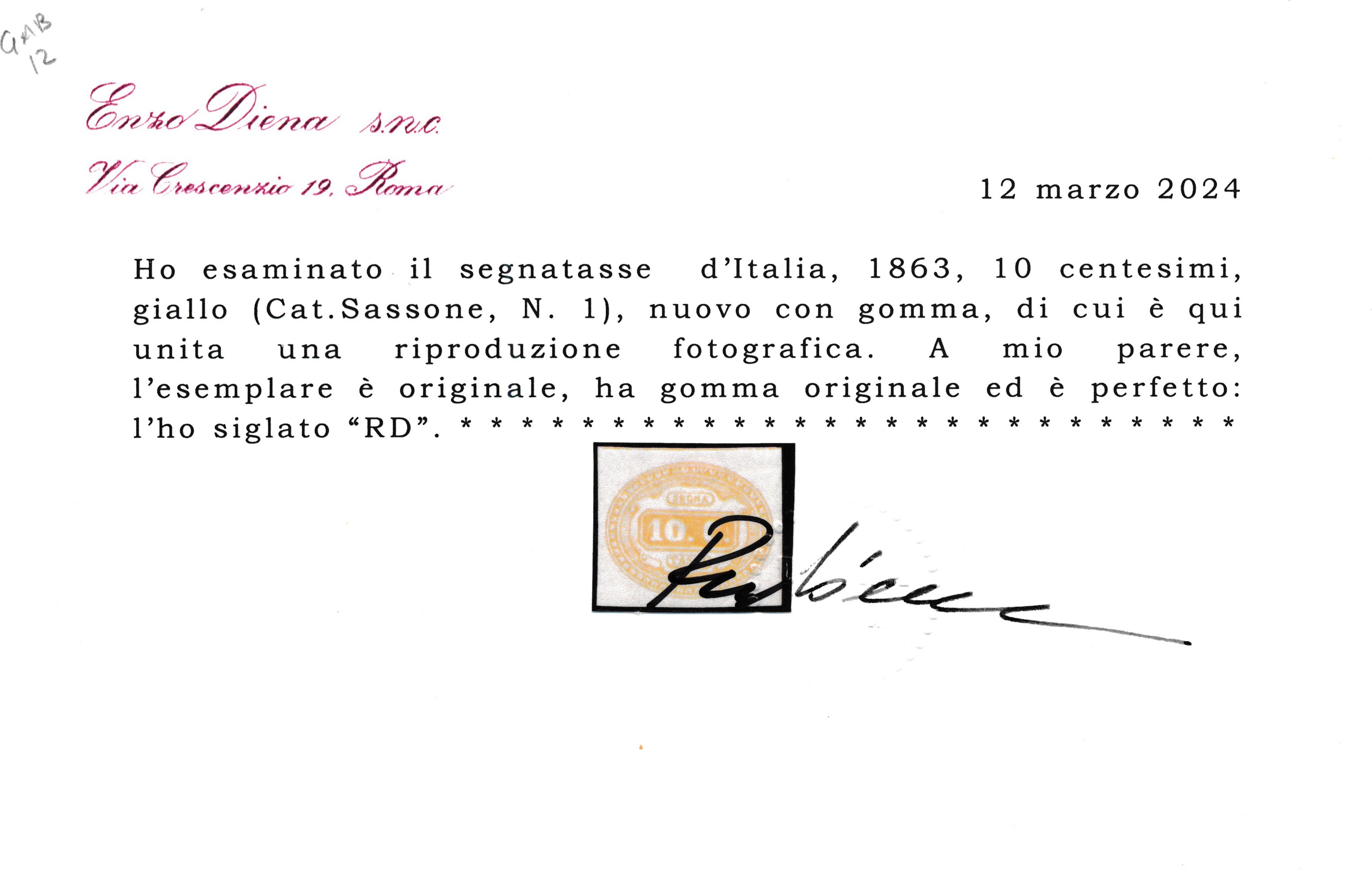 1863 – Regno D’italia – Segnatasse – 10 Cent. Giallo Nuovo (sass. 1).