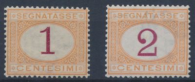 1870 – Regno D’italia – Segnatasse – 1 e 2 Cent. Ocra e Carminio (sass. 3 e 4).
