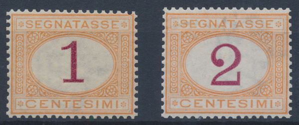 1870 – Regno d’Italia – Segnatasse – 1 e 2 cent. ocra e carminio (Sass. 3 e 4).