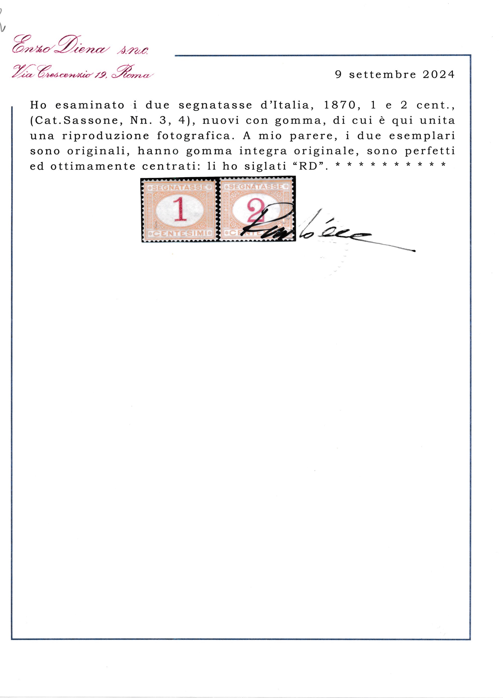 1870 – Regno D’italia – Segnatasse – 1 e 2 Cent. Ocra e Carminio (sass. 3 e 4).