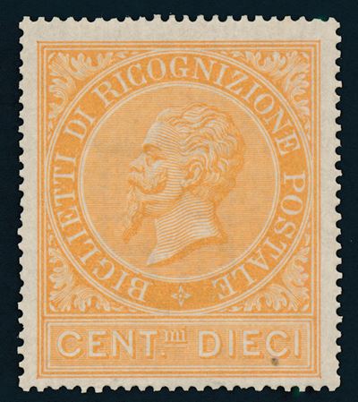 1874 – Regno D’italia – Ricognizione Postale – 10 Cent. Ocra Arancio (sass. 1).