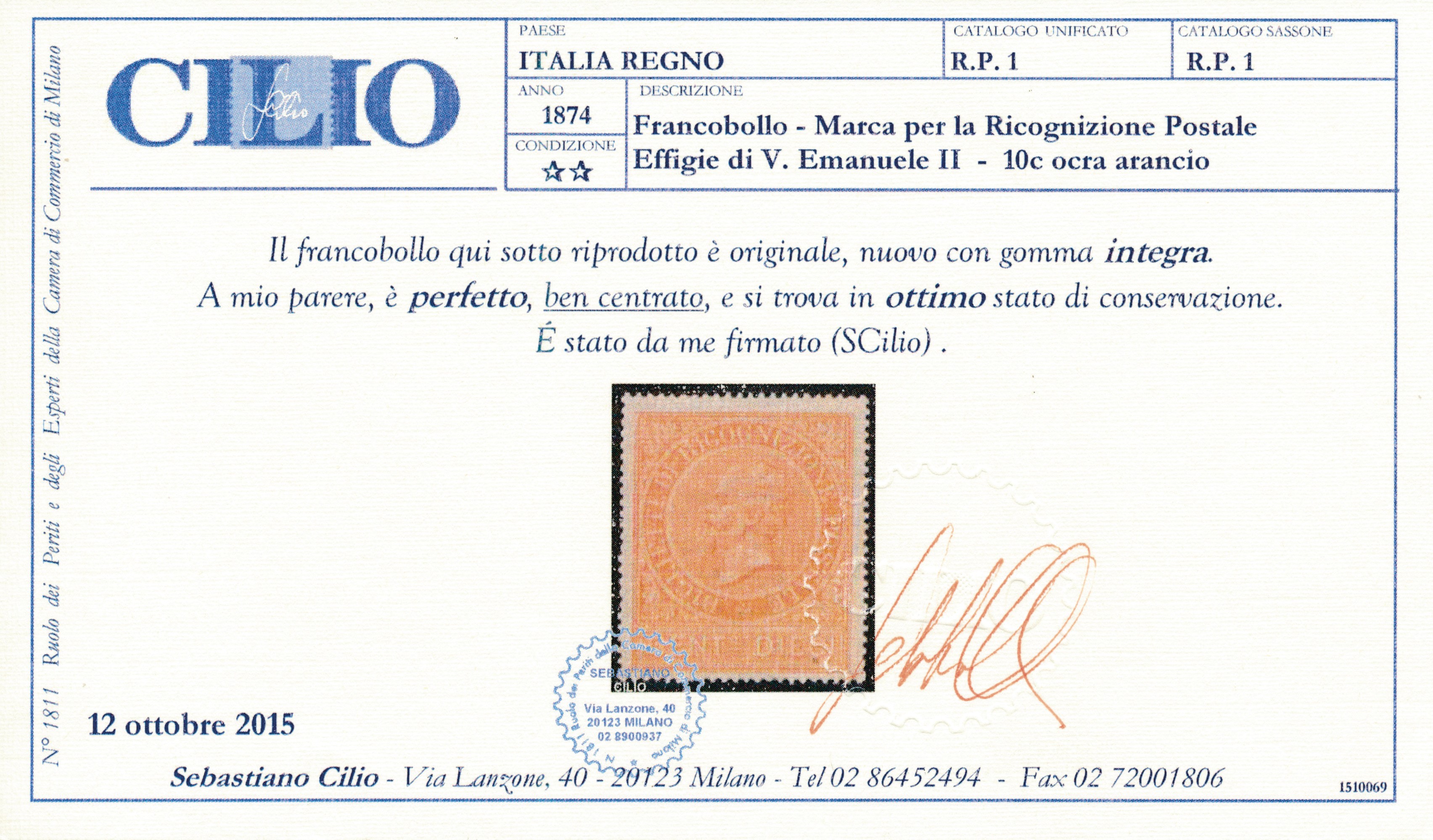 1874 – Regno D’italia – Ricognizione Postale – 10 Cent. Ocra Arancio (sass. 1).