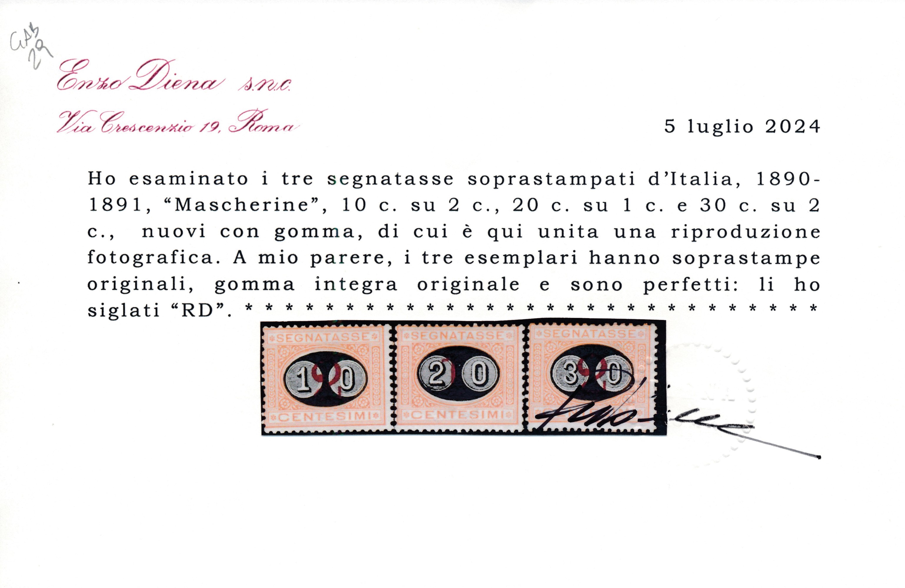 1890-91 – Regno D’italia – Segnatasse – Segnatasse del 1870 Soprastampati “mascherine” Serie Comp...
