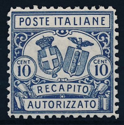 1928 – Regno D’italia – Recapito Autorizzato – 10 Cent. Azzurro (sass. 1).