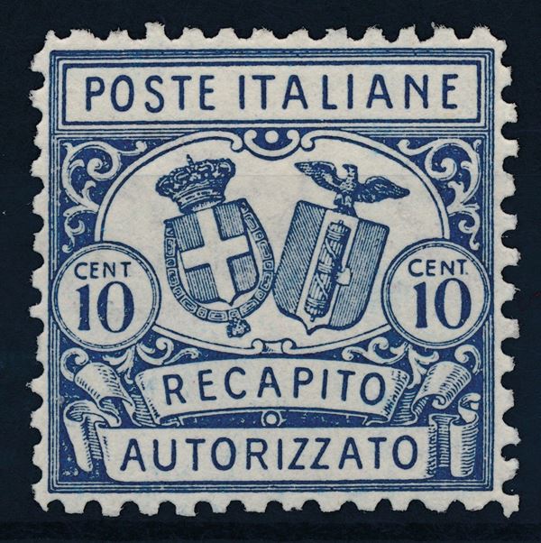 1928 – Regno d’Italia – Recapito autorizzato – 10 cent. azzurro (Sass. 1).
