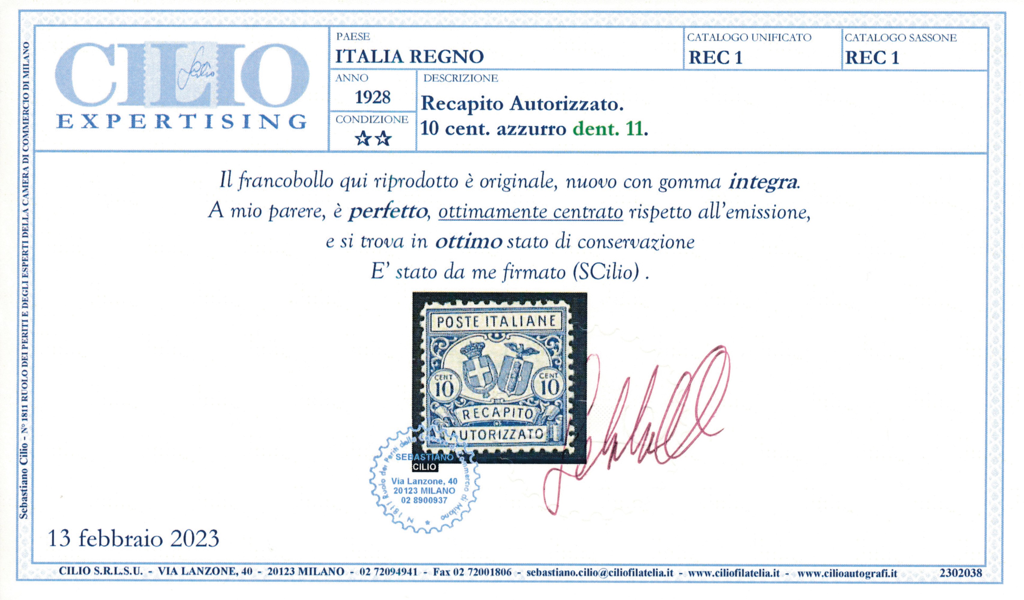1928 – Regno D’italia – Recapito Autorizzato – 10 Cent. Azzurro (sass. 1).