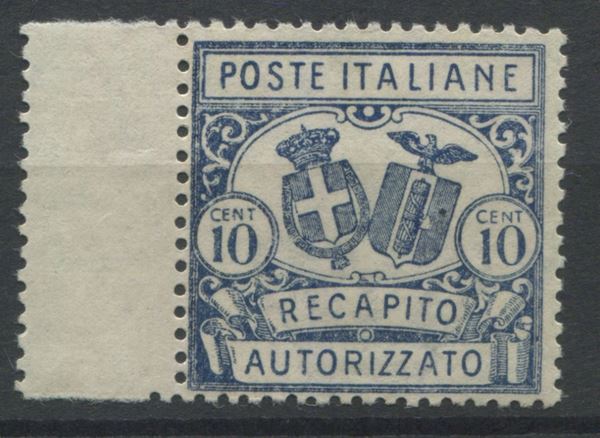1928 – Regno d’Italia – Recapito autorizzato – 10 cent. azzurro dbf (Sass. 1).