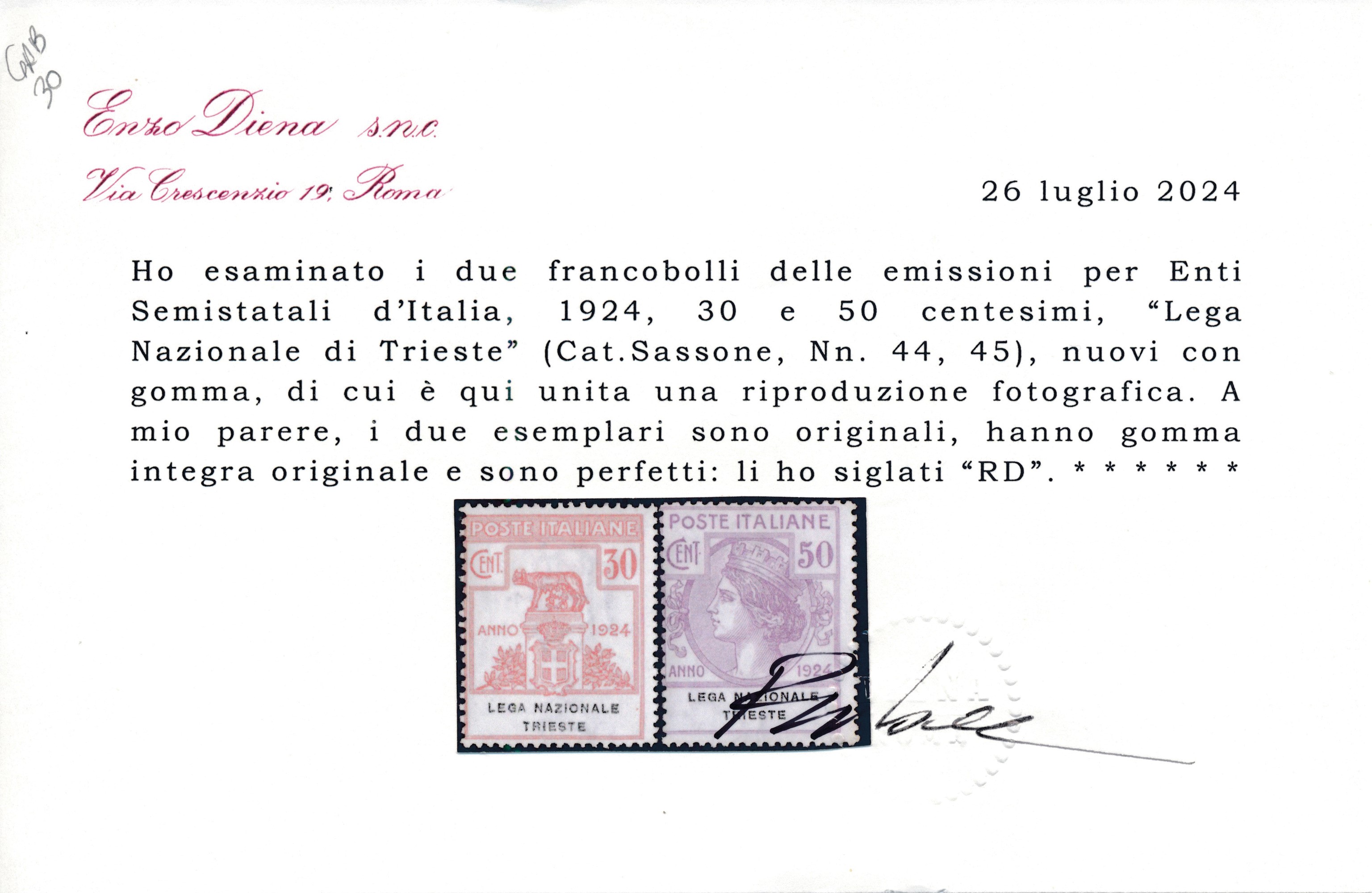 1924 – Regno D’italia – Enti Parastatali – “lega Nazionale Trieste” Serie Cpl. (sass. S.2908).