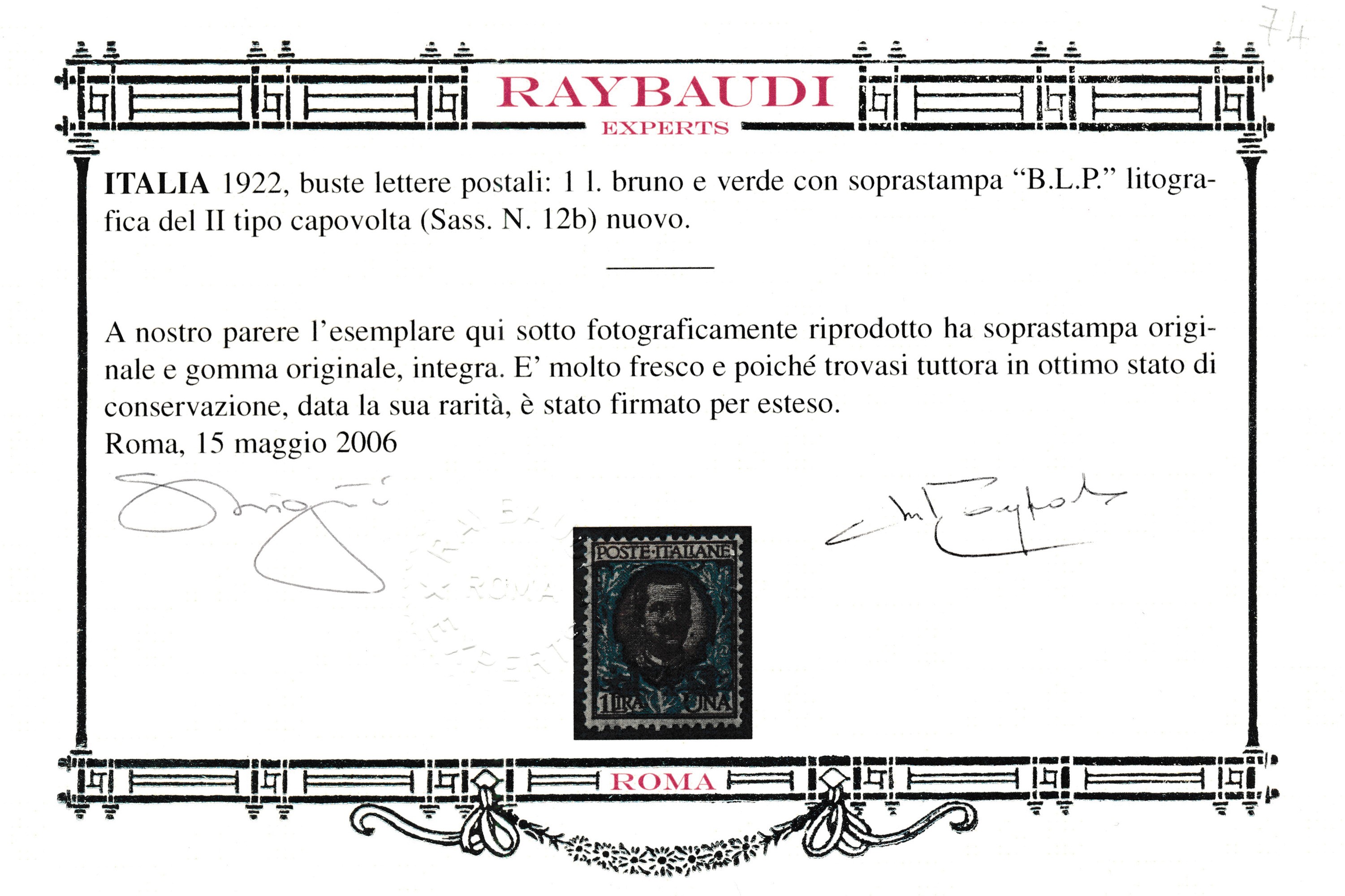 1922 – Regno D’italia - Buste Lettere Postali – 1 Lire Bruno e Verde, Soprastampa “b.L.p.”, II Ti...
