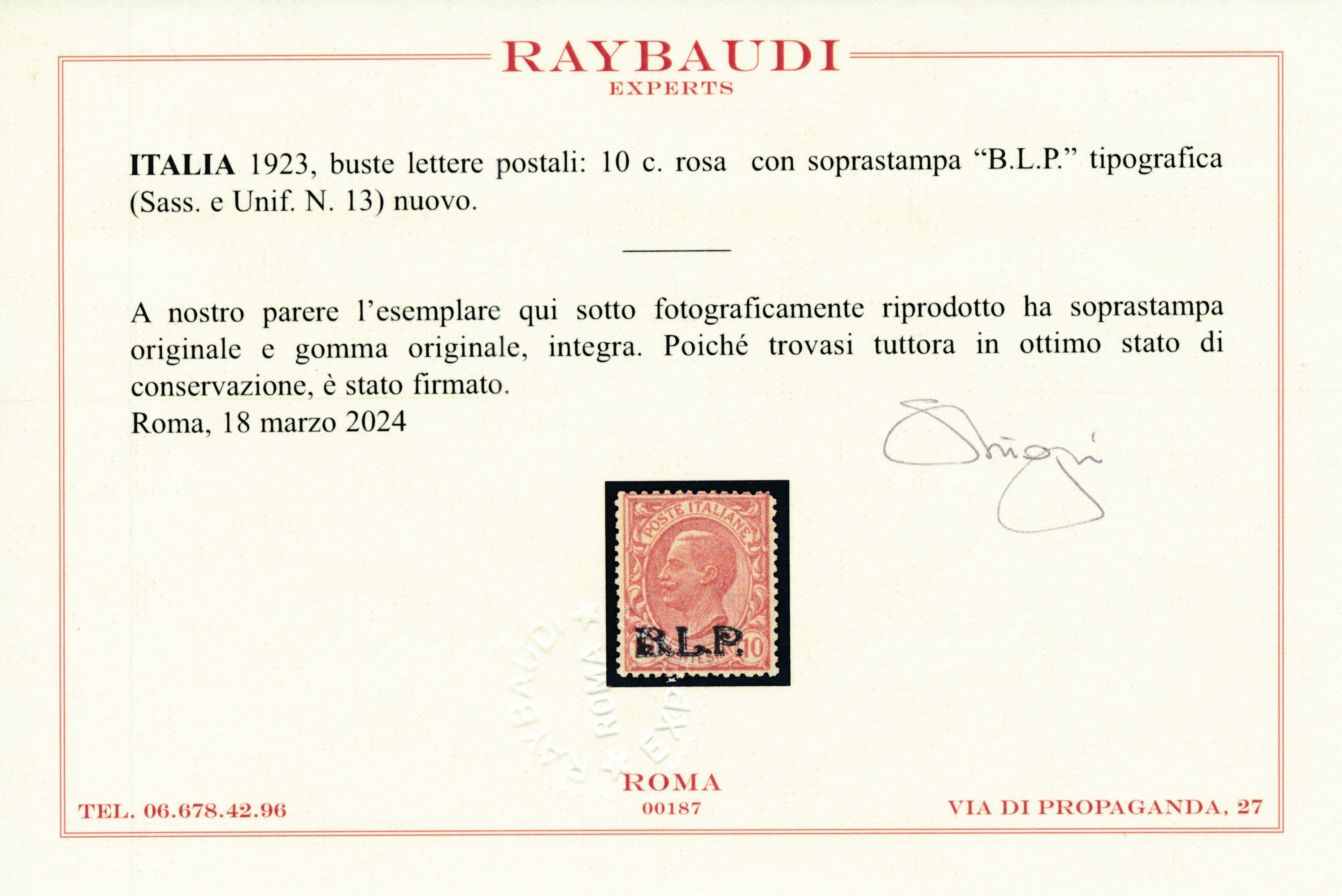 1922 – Regno D’italia - Buste Lettere Postali – 10 Cent. Rosa, Soprastampa “b.L.p.”, III Tipo (sa...