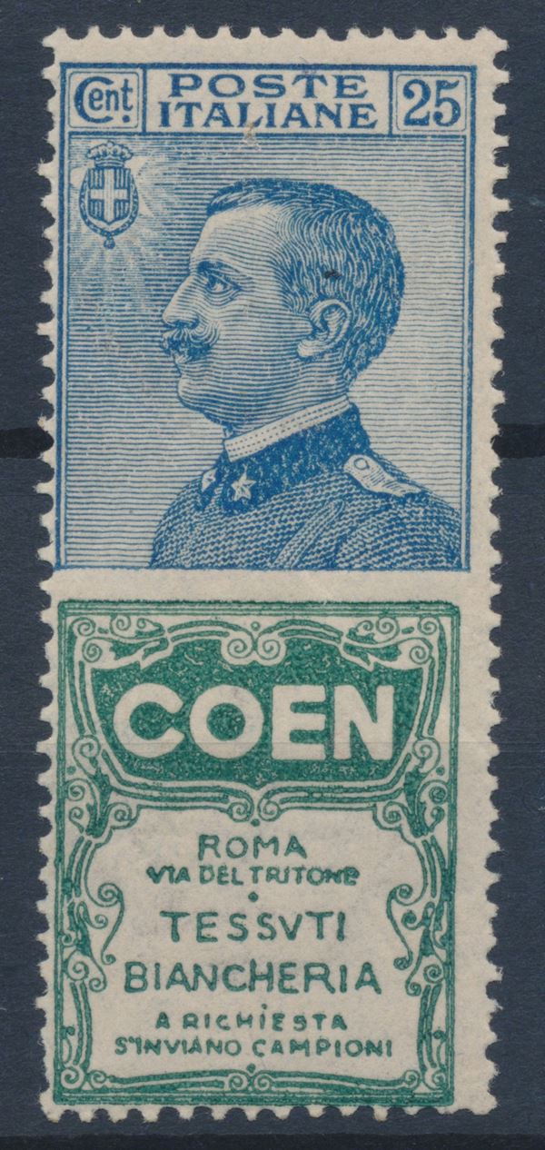 1924 – Regno d’Italia – Francobolli pubblicitari – 25 cent. azzurro e verde “COEN” (Sass. 5).