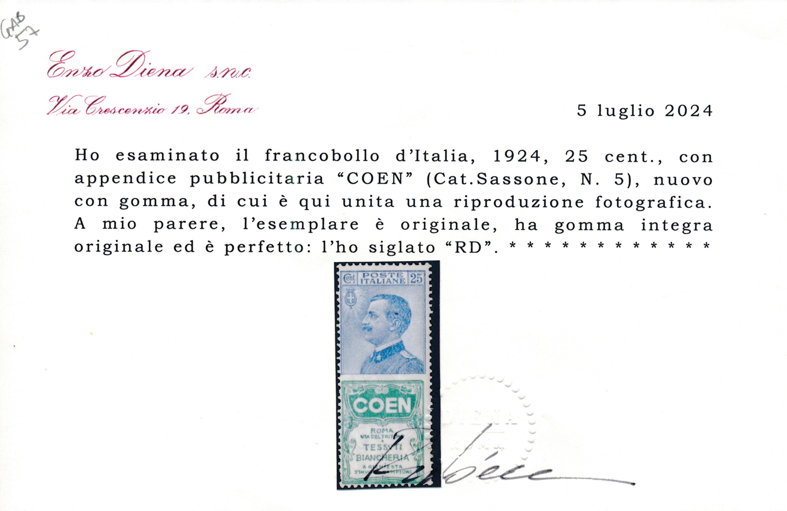 1924 – Regno D’italia – Francobolli Pubblicitari – 25 Cent. Azzurro e Verde “coen” (sass. 5).