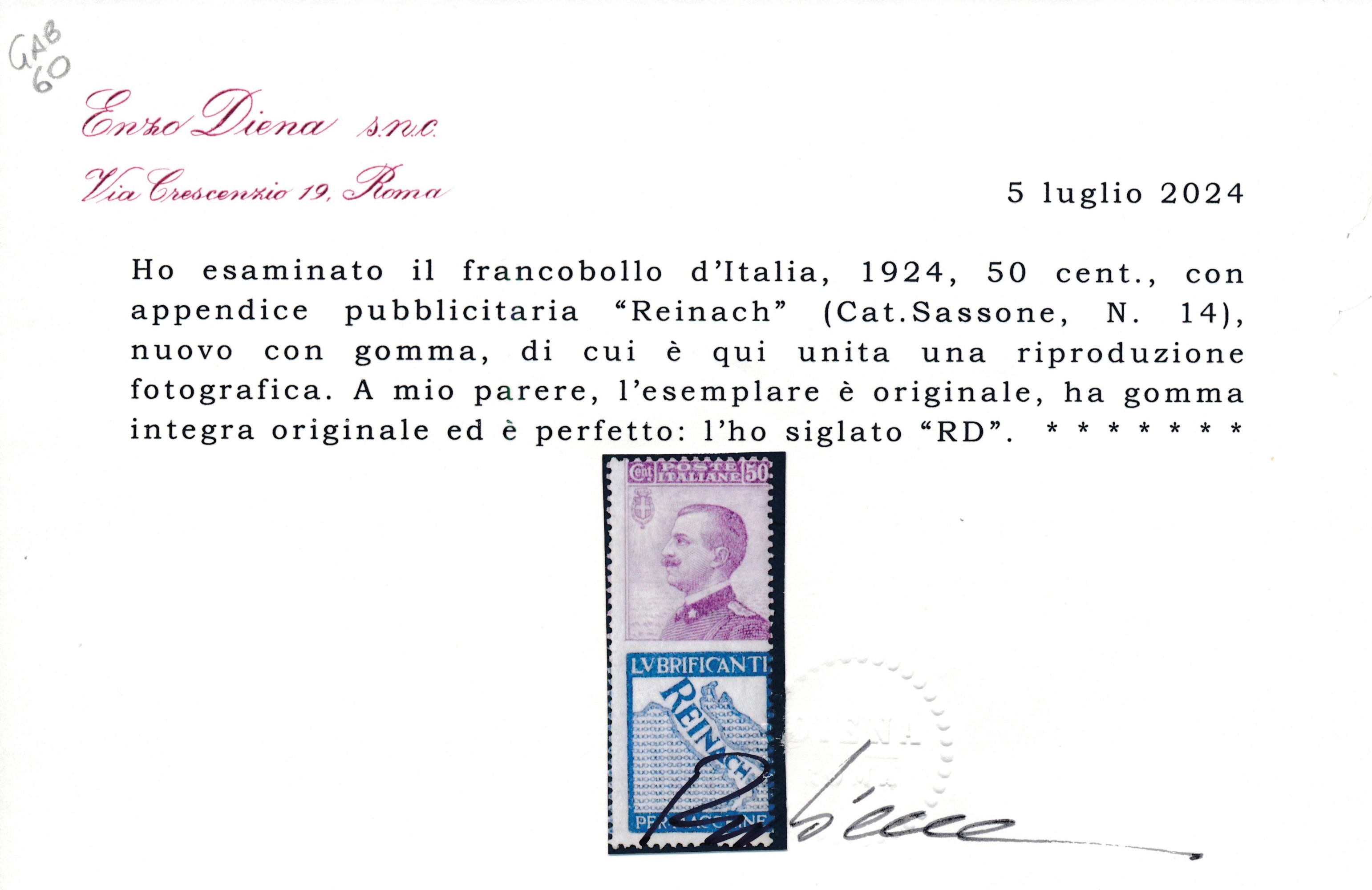 1924 – Regno D’italia – Francobolli Pubblicitari – 50 Cent. Violetto e Azzurro “reinach” (sass. 1...