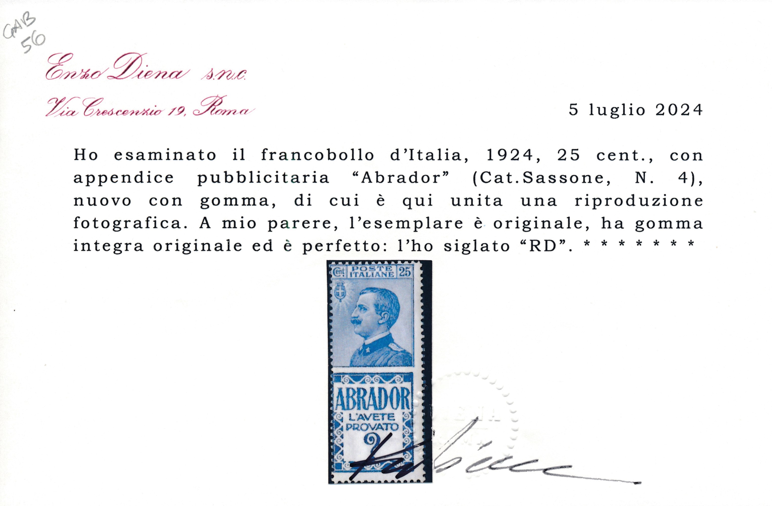 1924 – Regno D’italia – Francobolli Pubblicitari – 25 Cent. Azzurro e Azzurro Chiaro “abrador” (s...