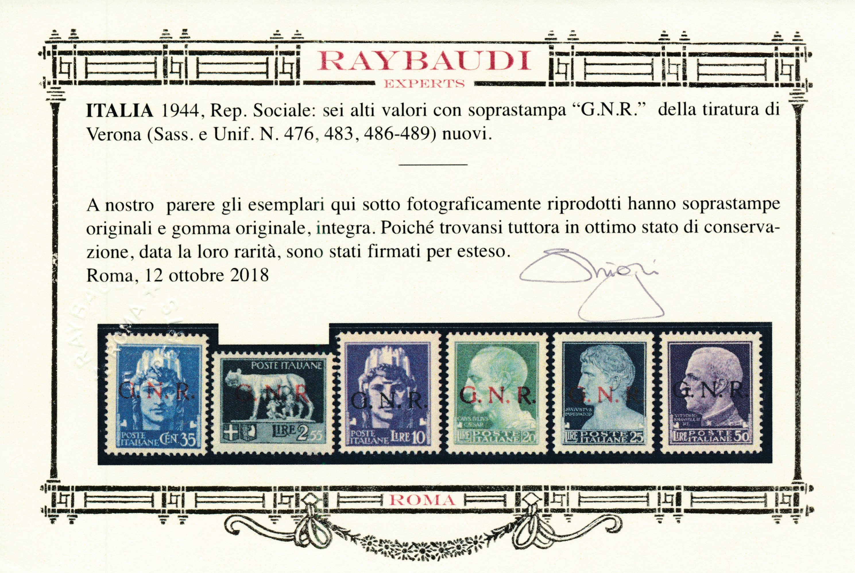 1944 – Repubblica Sociale Italiana – Emissione della “guardia Nazionale Repubblicana” con Soprast...