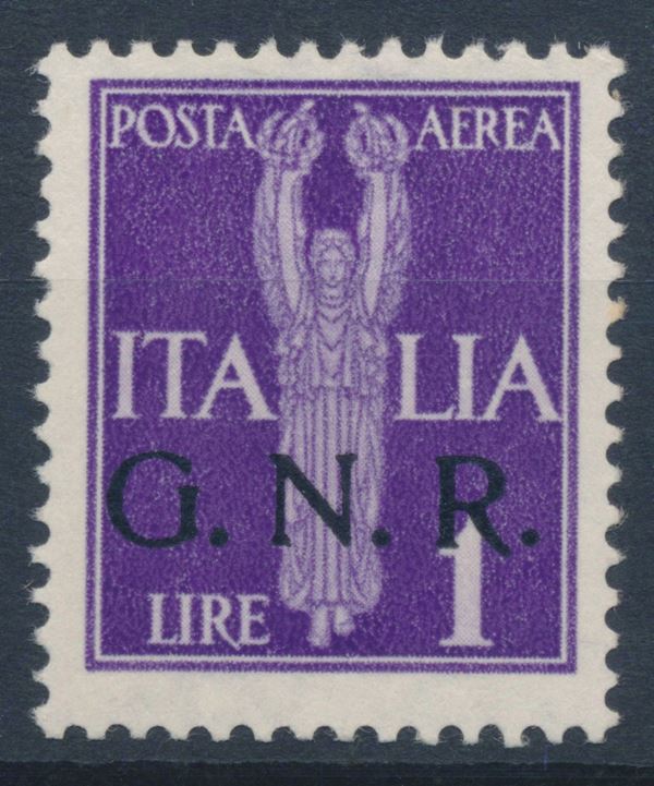 1944 – Repubblica Sociale Italiana – Posta Aerea - Emissione della “Guardia Nazionale Repubblicana” con soprastampa G.N.R. di Verona – 1 lira violetto con soprastampa fortemente spostata in basso (Sass. 121caa).