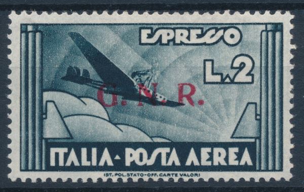 1944 – Repubblica Sociale Italiana – Posta Aerea - Emissione della “Guardia Nazionale Repubblicana” con soprastampa G.N.R. di Verona – Espresso Aereo 2 lire ardesia (Sass. 125).