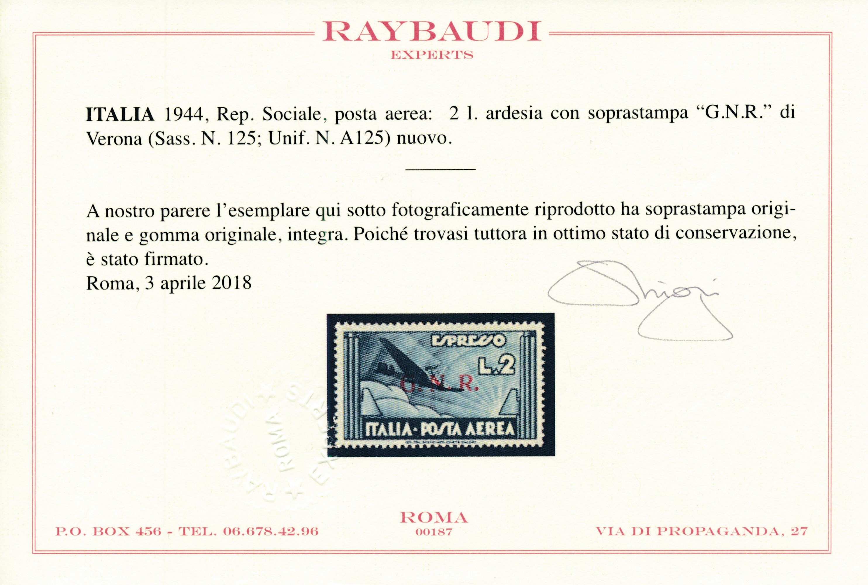 1944 – Repubblica Sociale Italiana – Posta Aerea - Emissione della “guardia Nazionale Repubblican...
