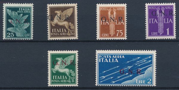 1944 – Repubblica Sociale Italiana – Posta Aerea - Emissione della “Guardia Nazionale Repubblicana” con soprastampa G.N.R. di Brescia, I tipo sui valori da 25c. verde scuro, 50c. bruno, 75c. bruno giallo, 1l. violetto e 5l. verde, del II tipo sul 2l. azzurro (Sass. 117/I, 118/I, 119/I, 121/I, 122/II, 123/I).