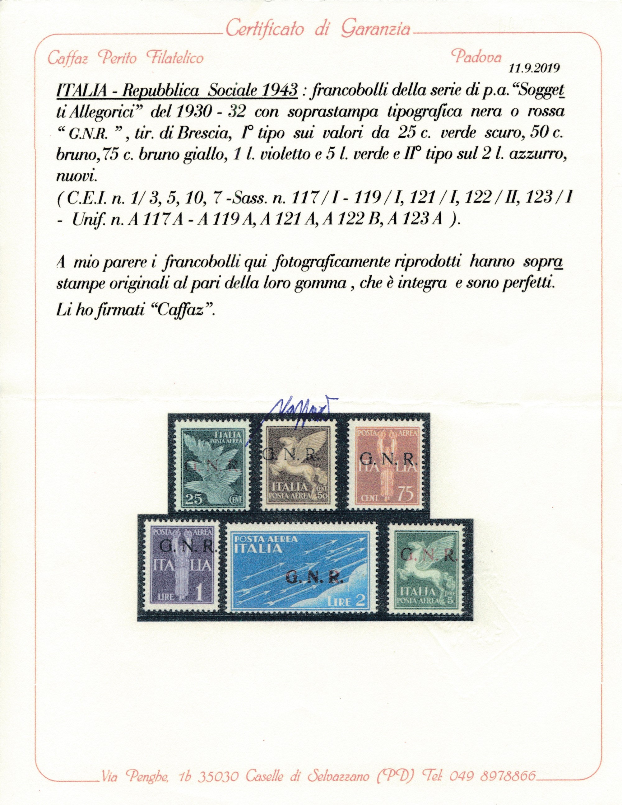 1944 – Repubblica Sociale Italiana – Posta Aerea - Emissione della “guardia Nazionale Repubblican...