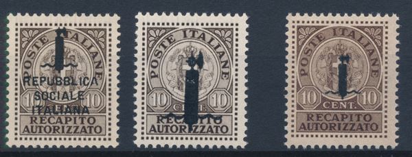 1944 – Repubblica Sociale Italiana – Recapito Autorizzato – I due non emessi ed il valore emesso (Sass. 3A, 3B e 4).