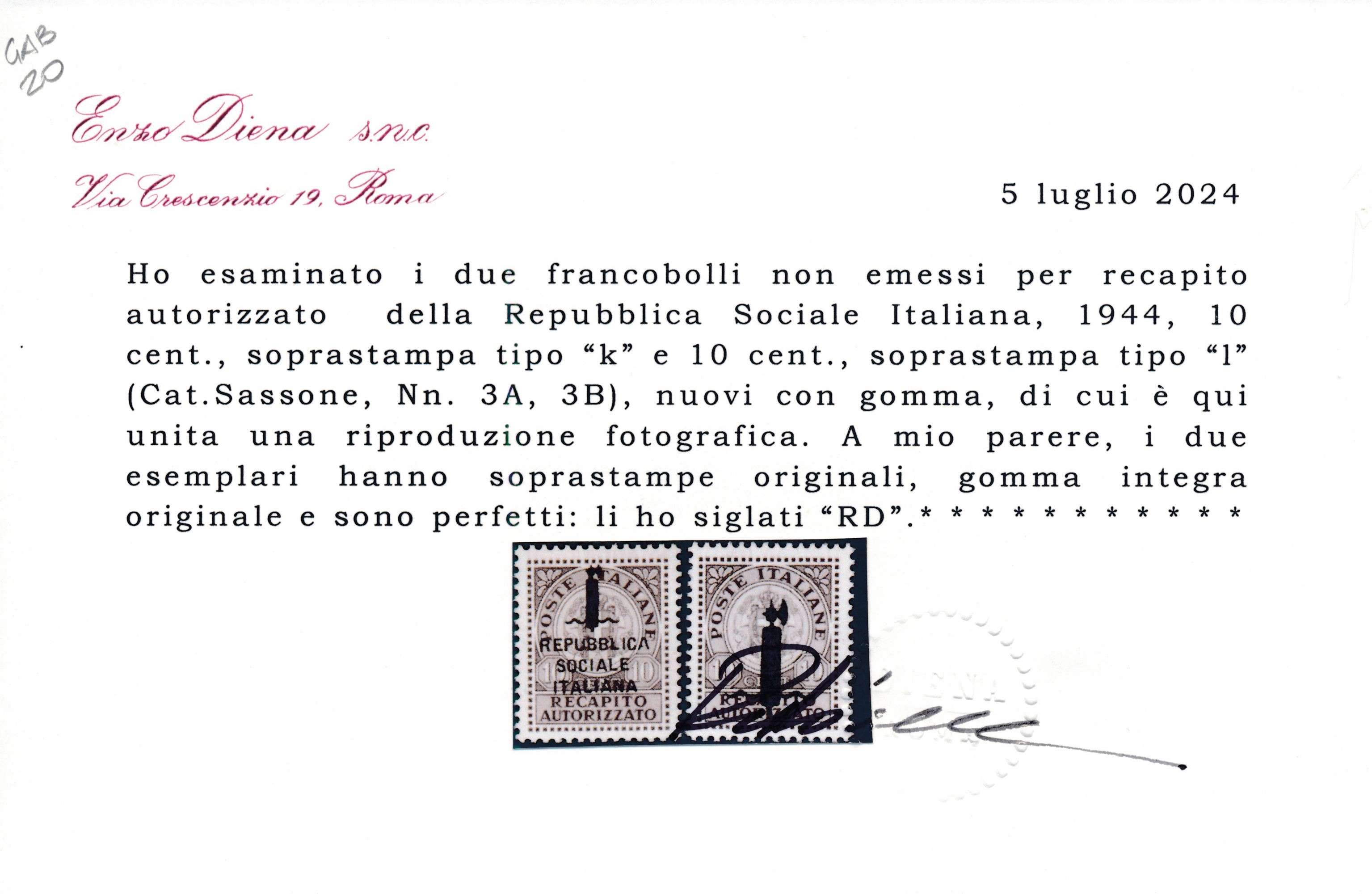 1944 – Repubblica Sociale Italiana – Recapito Autorizzato – i Due Non Emessi ed il Valore Emesso ...