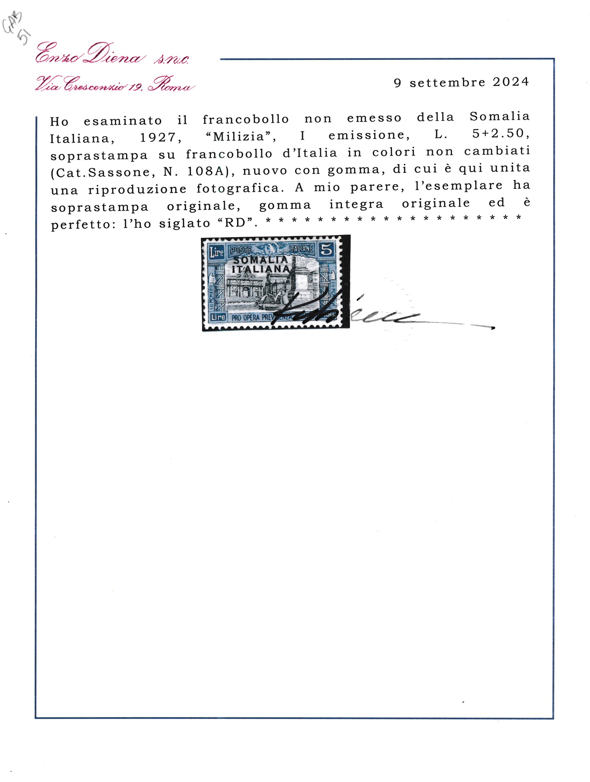 1927 – Regno D’italia – Colonie – Somalia – Milizia i – 5 + 2,50 Lire - Non Emesso (sass. 108a).