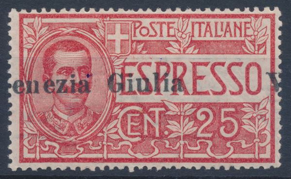 1919 – Regno d’Italia – Occupazioni I Guerra Mondiale – Terre Redente – Venezia Giulia – Espresso d’Italia 25c. rosso varietà soprastampa fortemente spostata a sinistra “enezia Giulia V” (Sass. 1b).