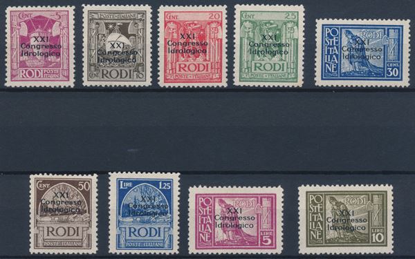 1930 – Regno d’Italia – Colonie e Possedimenti – Egeo – Emissioni generali - XXI Congresso idrobiologico soprastampati linearmente su tre righe “XXI / Congresso / Idrobiologico” serie cpl. (Sass. S.3).