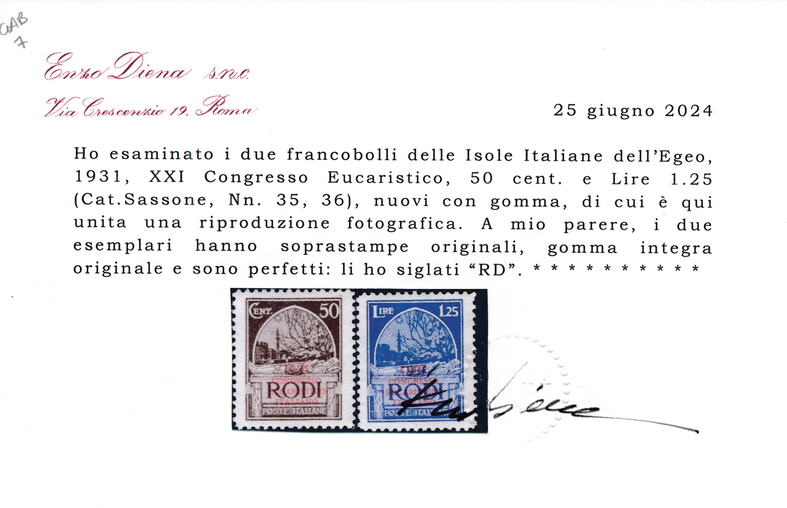 1931 – Regno D’italia – Colonie e Possedimenti – Egeo – Emissioni Generali – “congresso Eucaristi...