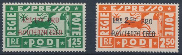 1943 – Regno d’Italia – Colonie e Possedimenti – Egeo – Occupazione tedesca – Espressi “Pro assistenza Egeo” soprastampati (Sass. E3 e E4).